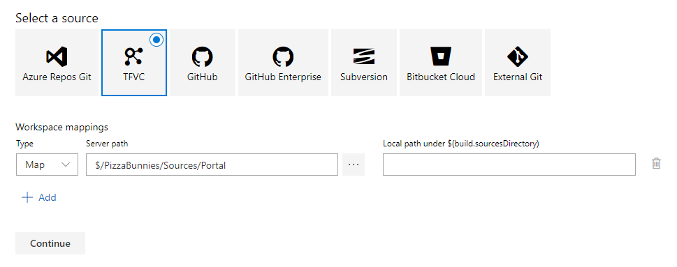 Selecting source for the build pipeline